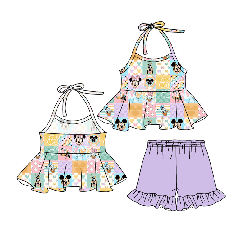 (Custom Design Preorder MOQ 5) Colorful Plaid Cartoon Mouse Halter Tunic Top Purple Shorts Girls Summer Outfits