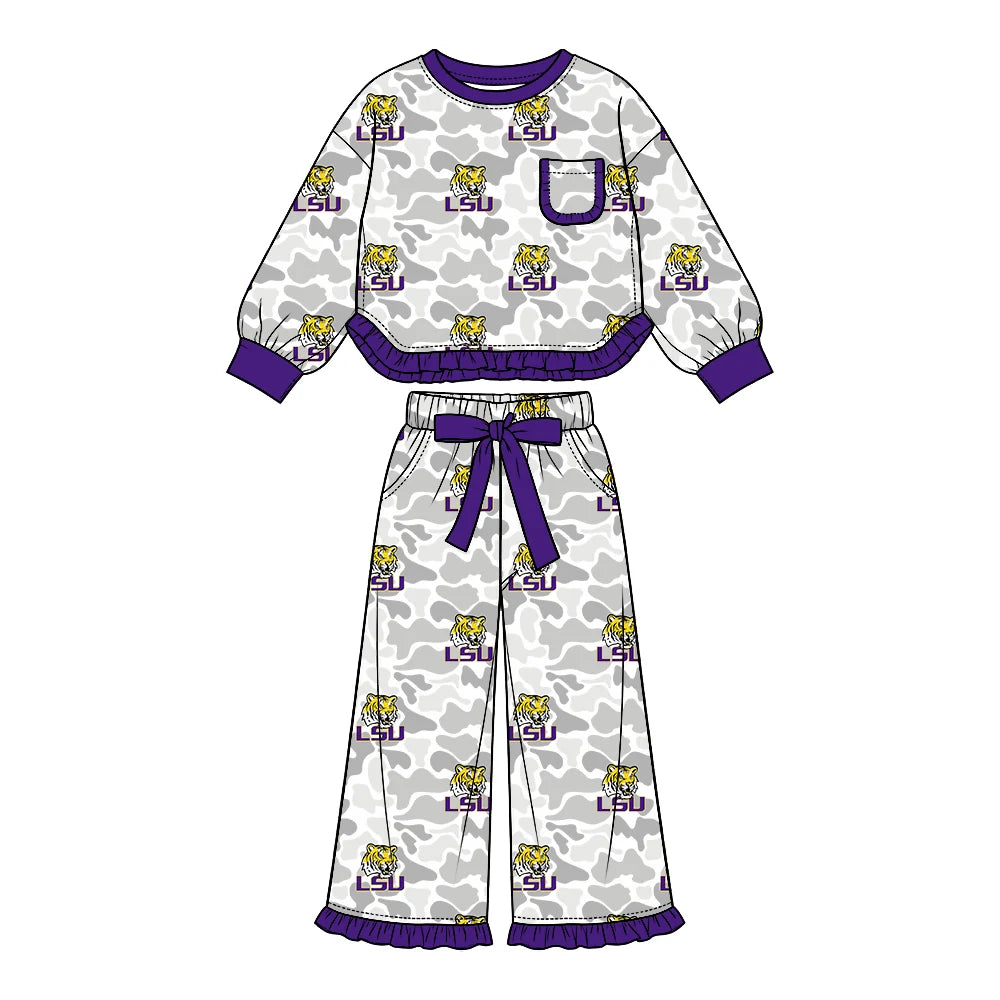 Preorder( 5 MOQ) Baby Girls Sport Team LSU Camo Long Sleeve Wide Pants Outfit