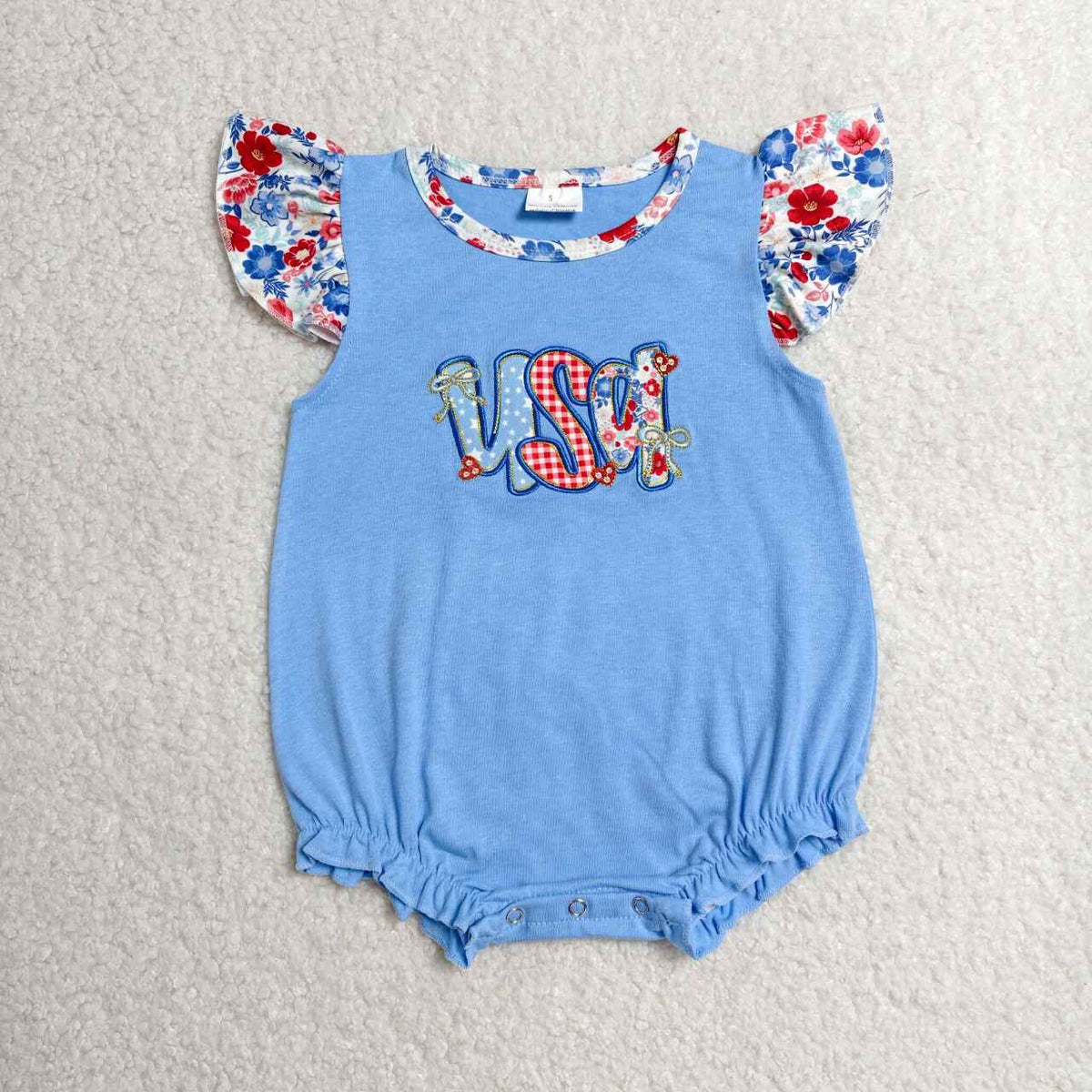 SR4186 USA Embroidery Flowers Print Baby Girls 4th of July Romper