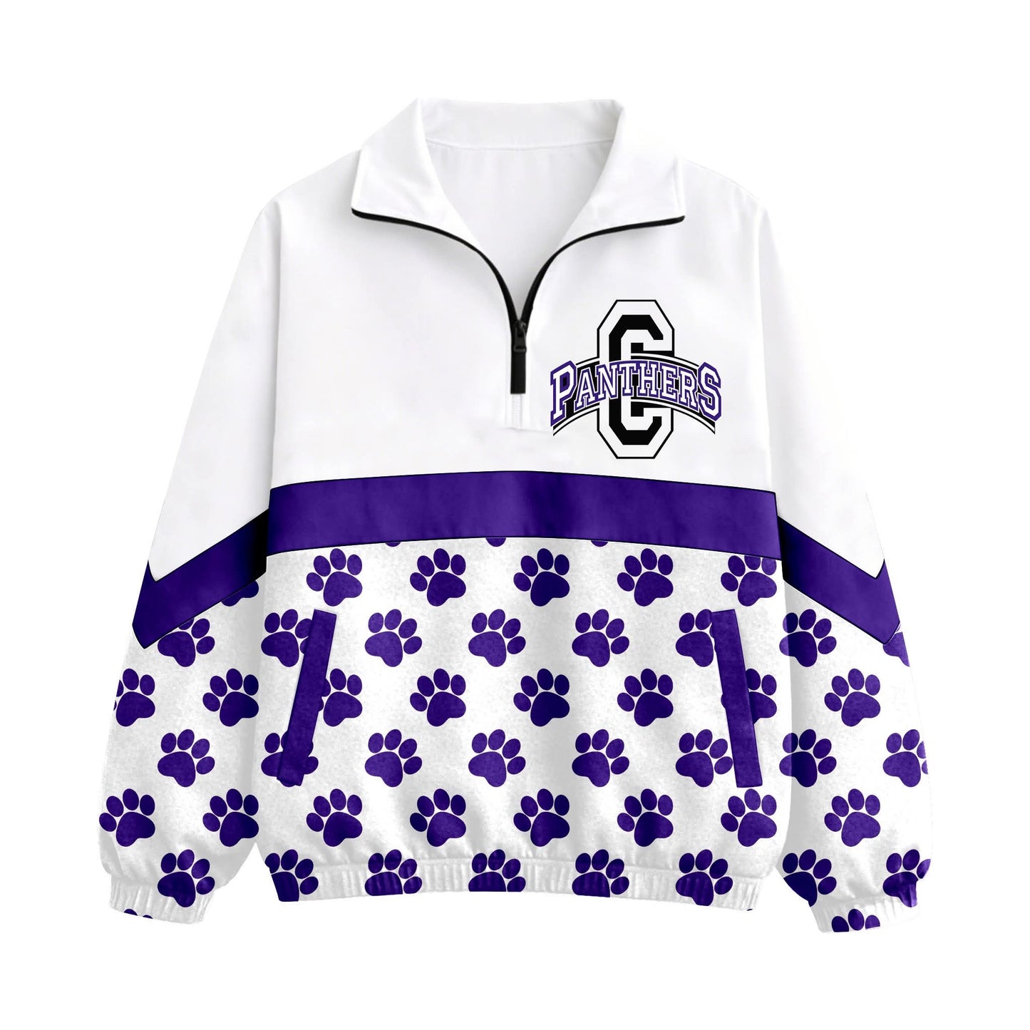 (Custom Design Preorder MOQ 5) Purple Paw Print Girls & Women Sports Team Long Sleeve Zipper Pullover