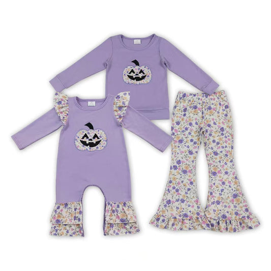 Sibling Baby Girls Embroidery Pumpkin Face Purple Top Floral Pants Outfit and Romper