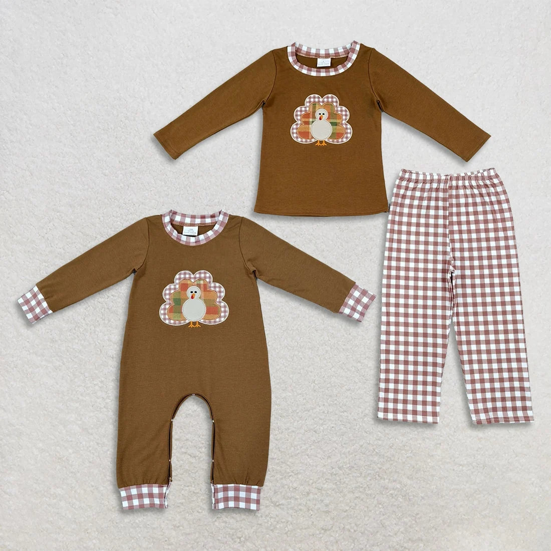 Sibling Baby Boys Thanksgiving Embroidery Turkey Brown Outfit and Romper