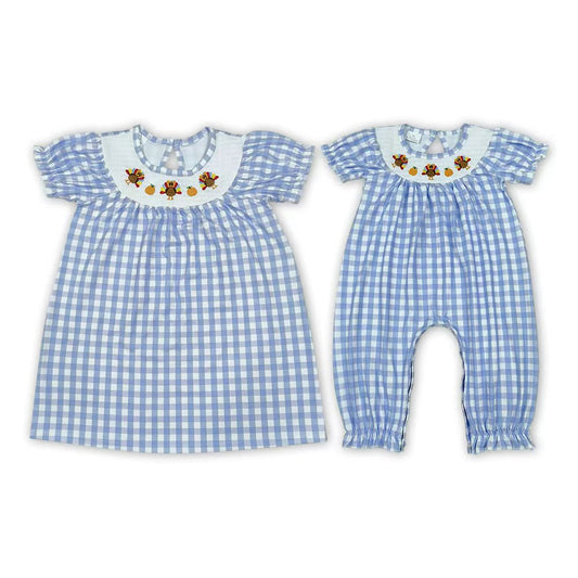 Sibling Baby Girls Thanksgving Embroidery Turkey Smocked Dress and Romper