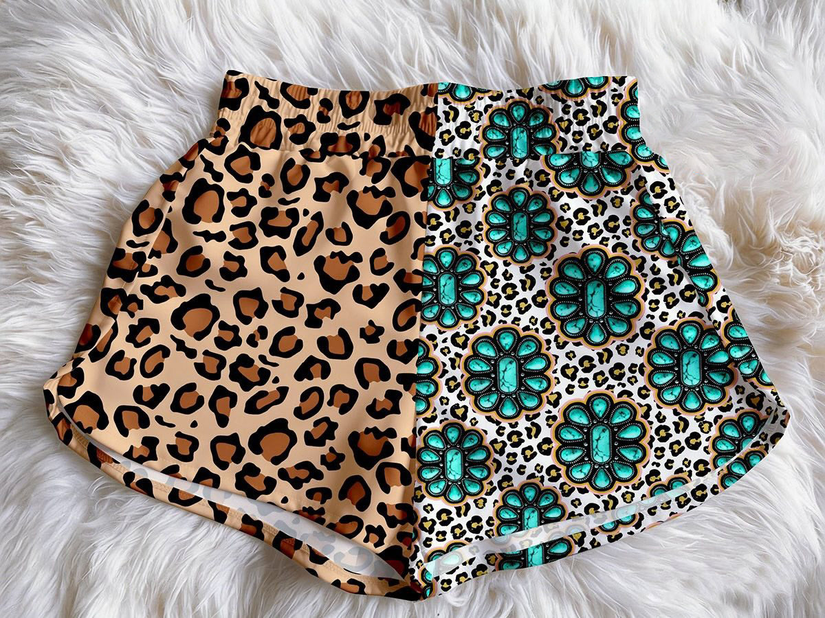 (Custom Design Preorder MOQ 5) Leopard Turquoise Print Baby Girls & Woman Summer Bottom Shorts