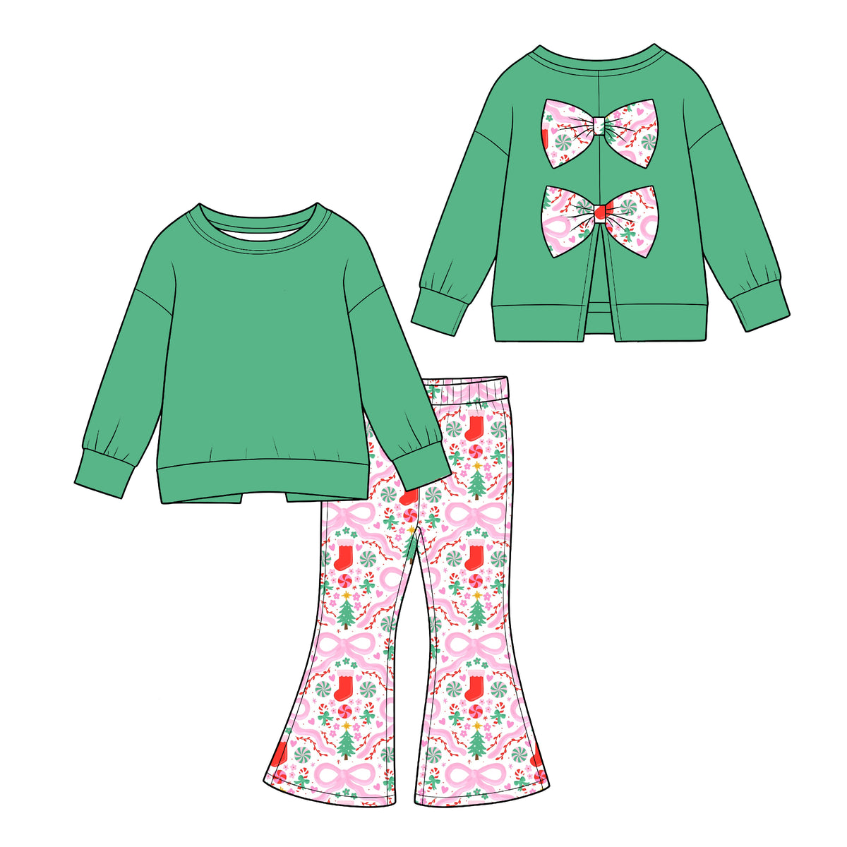 (Custom Design Preorder MOQ 5) Green Backless Bows Top Candy Bows Bell Pants Girls Christmas Clothes Set
