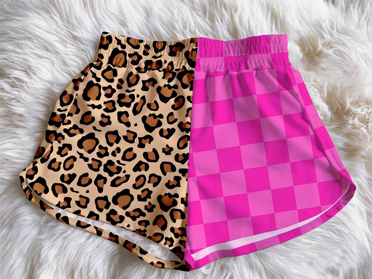 (Custom Design Preorder MOQ 5) Leopard Pink Plaid Print Baby Girls & Woman Summer Bottom Shorts
