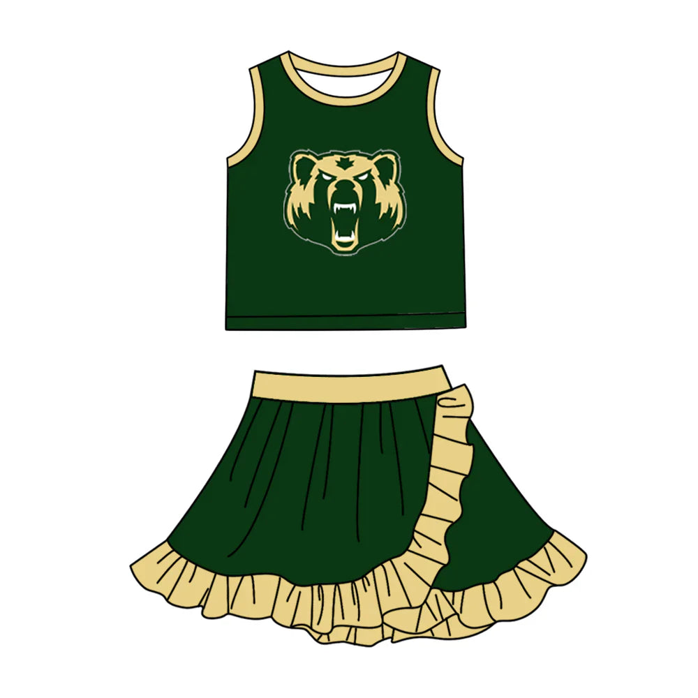 (Custom Preorder MOQ 5) Baby Girls Green Bears Vest Top Ruffle Skirt Short Team Clothes Sets