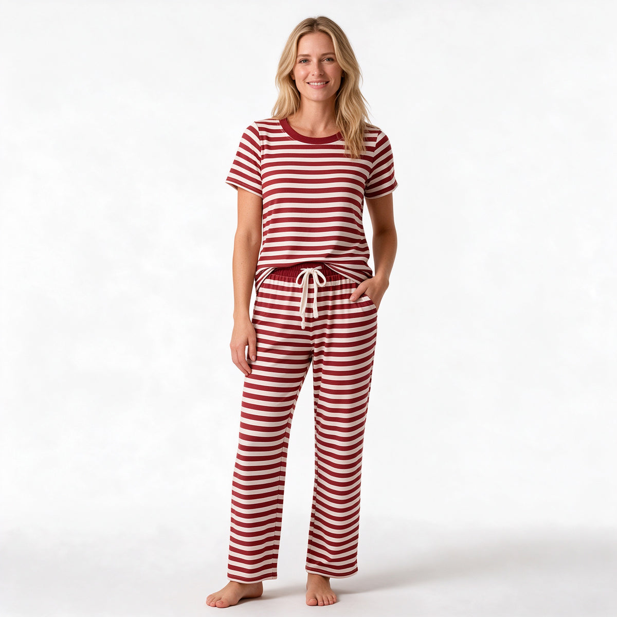 Preorder (5 MOQ) Adult Women Red Striped Short Sleeve Top Pants Outfit