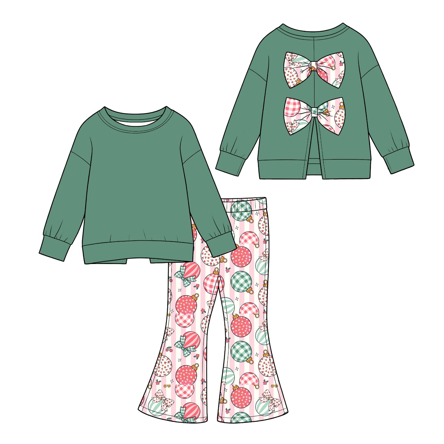 (Custom Design Preorder MOQ 5) Green Backless Bows Top Lights Flowers Stripes Bell Pants Girls Christmas Clothes Set