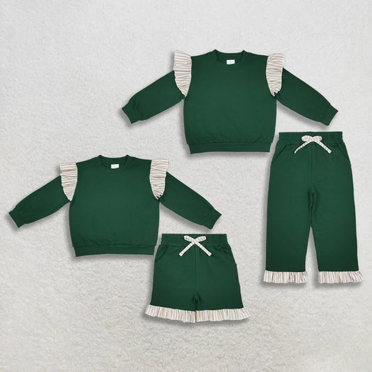 Sibling Kids Girls Green Long Sleeve Top Pants and Shorts Outfit With khaki Striped Ruffle