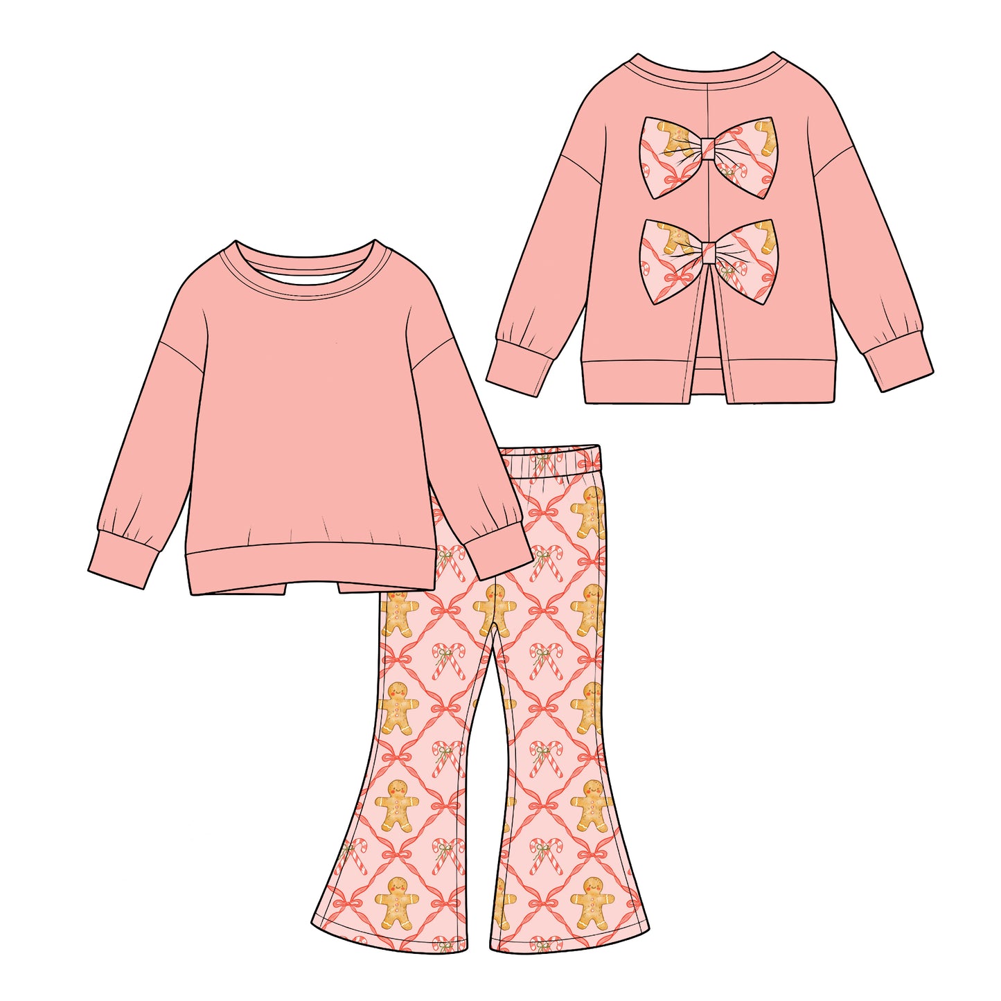 (Custom Design Preorder MOQ 5) Pink Backless Bows Top Gingerbread Bows Bell Pants Girls Christmas Clothes Set