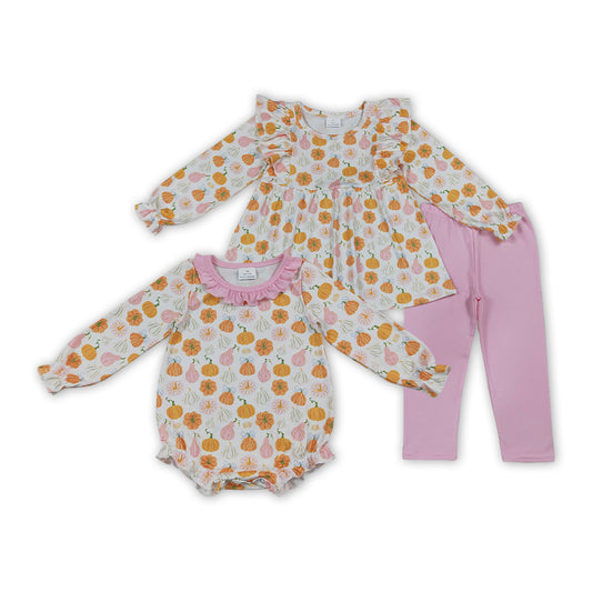 Sibling Baby Girls Pumpkin Tunic Top with Pink Legging Set +Bubble Romper