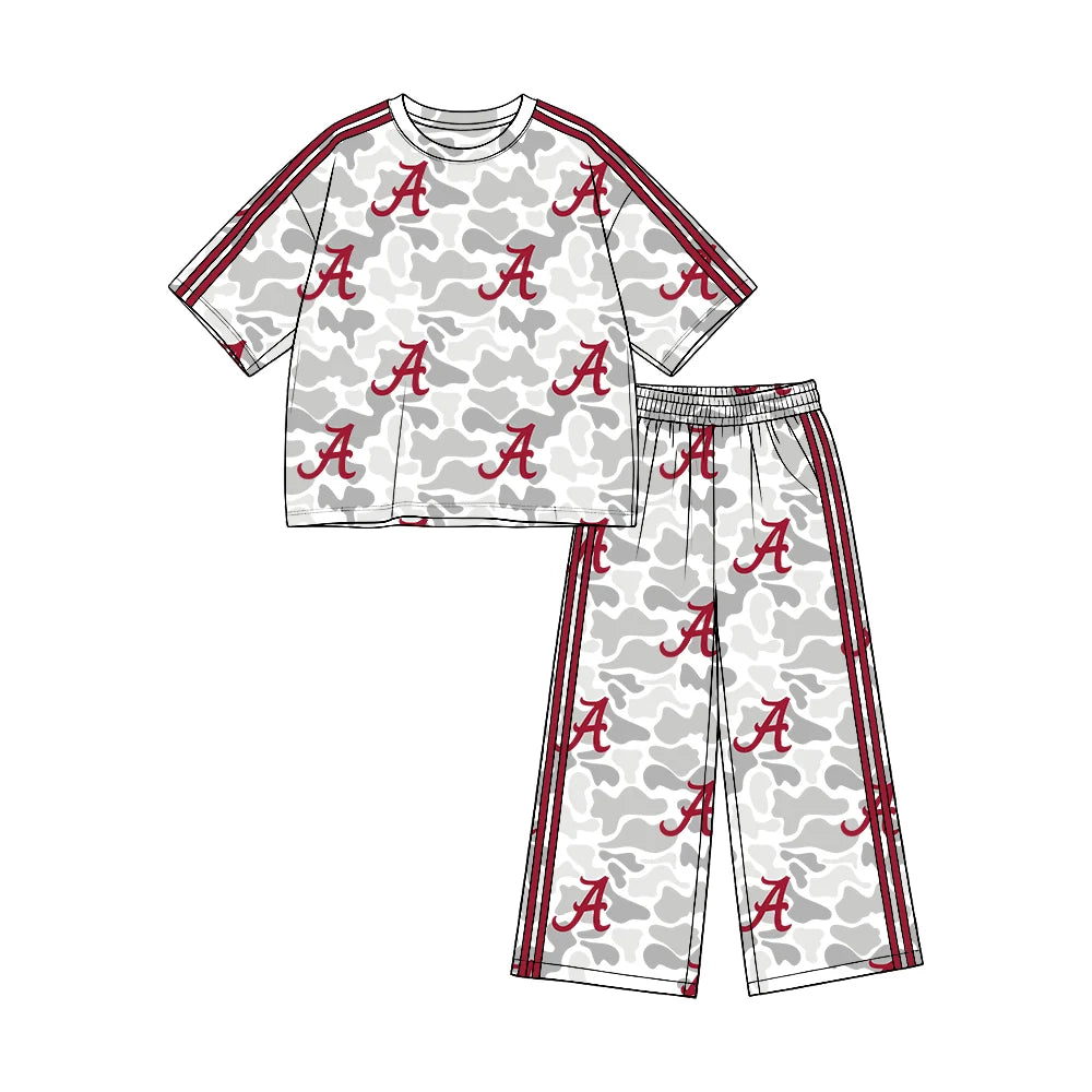 (Custom Design Preorder MOQ 5) Teams Alabama Grey Camo Print Straight Pants Girls Clothes Set