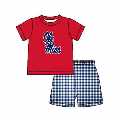(Custom Design Preorder MOQ 5) Kids Boys Teams Ole Miss navy Gingham Shorts Outfit