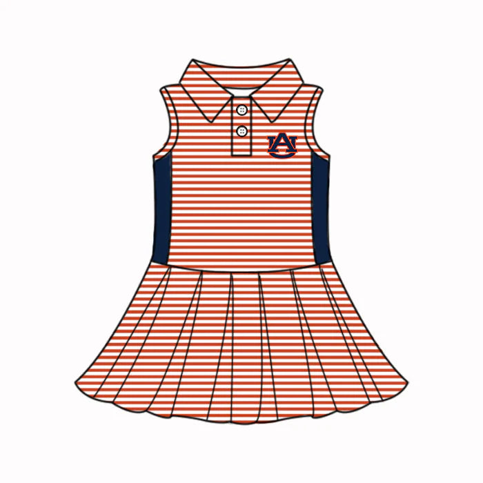 (Custom Design Preorder MOQ 5) Baby Girls Red Stripe AU Button Team Knee Length Dresses