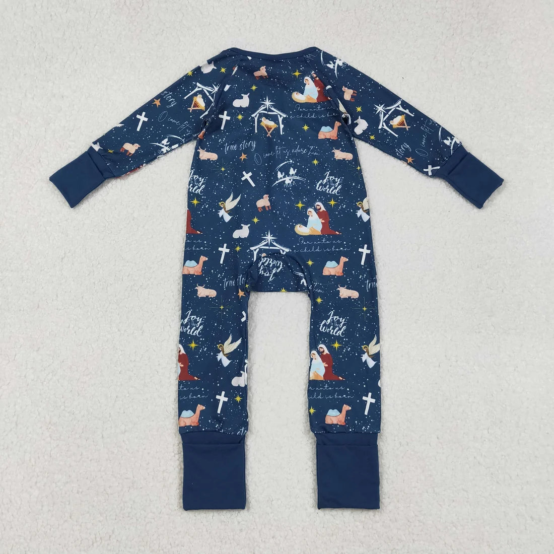 Sibling Baby Boys Navy Nativity Christmas Pajamas Sets Zipper Footie Rompers