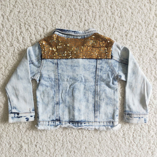 6 B12-10 Blue Denim Sequin Jackets Girls Fall Button Up Jeans Coat