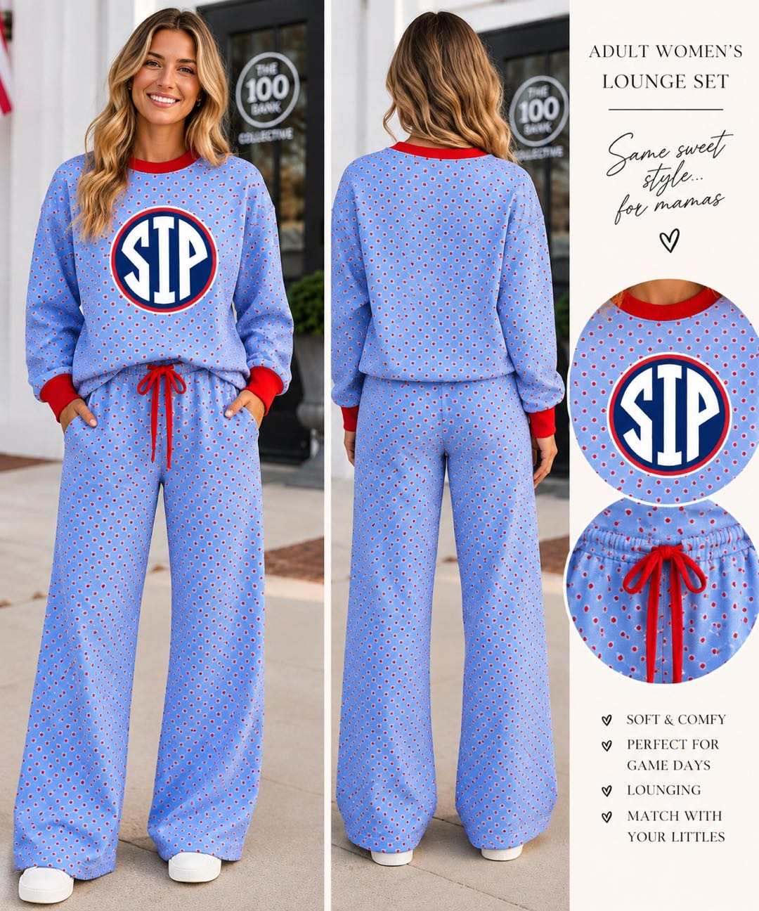 (Custom Design Preorder MOQ 5) Women Teams Blue Red Polka Dor Long Sleeve Top with Pants Outfit