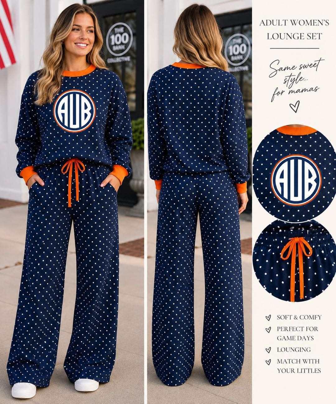 (Custom Design Preorder MOQ 5) Women Teams Navy White Polka Dor Long Sleeve Top with Pants Outfit