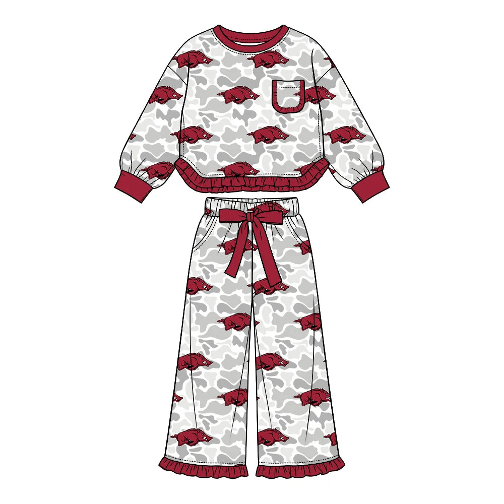 Preorder( 5 MOQ) Baby Girls Sport Team Arkansas Camo Long Sleeve Pants Outfit