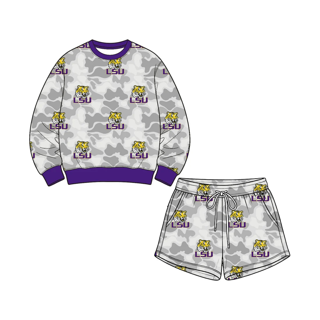 Preorder( 5 MOQ) Baby Girls Sport Team LSU Tigers Camo Long Sleeve Top Shorts Outfit