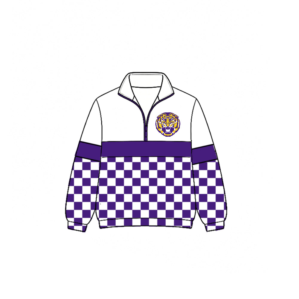 (Custom Design Preorder MOQ 5) Teams LSU Tigers Plaid Print Kids & Adult Long Sleeve Zipper Pullover Jacket