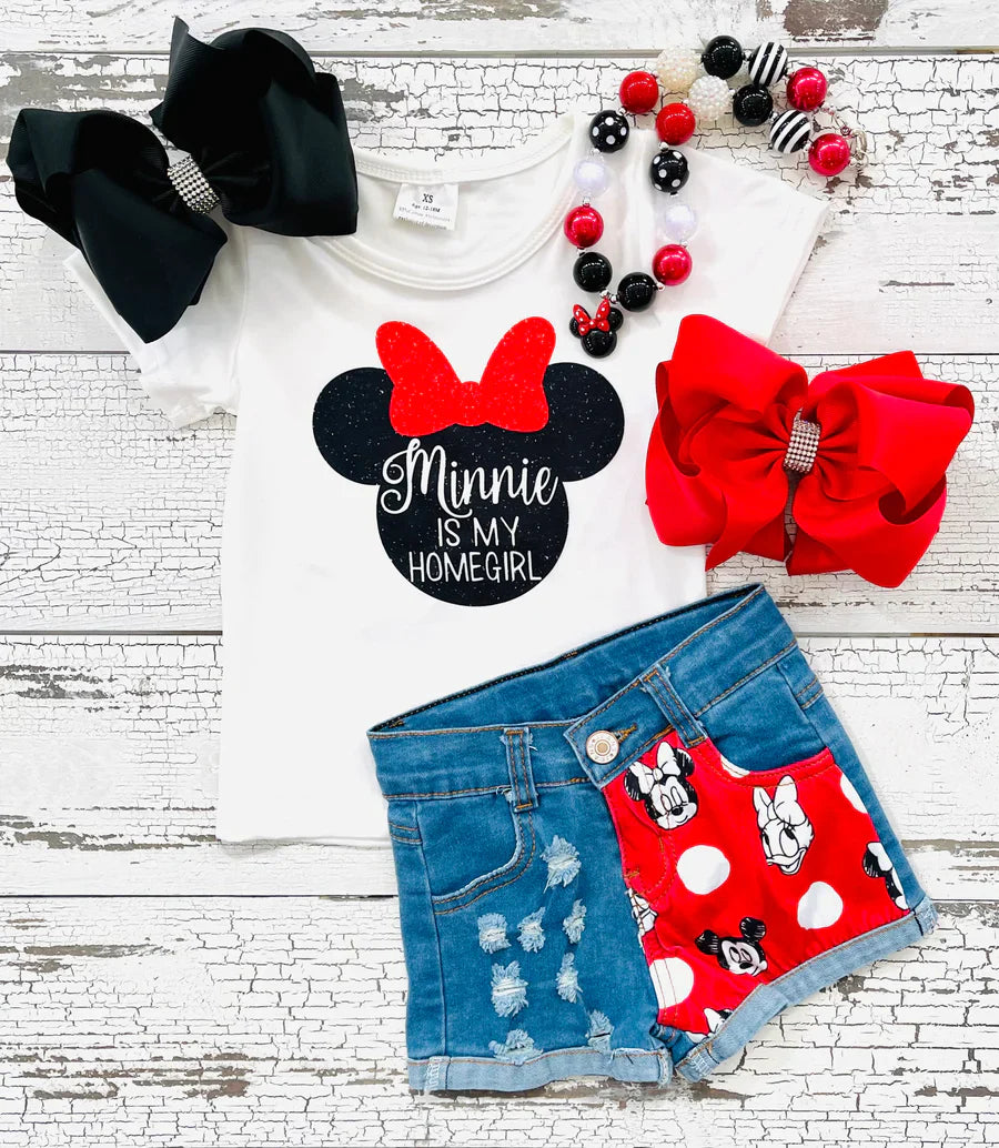 Cartoon Mouse Top denim shorts girls summer outfits C15-19
