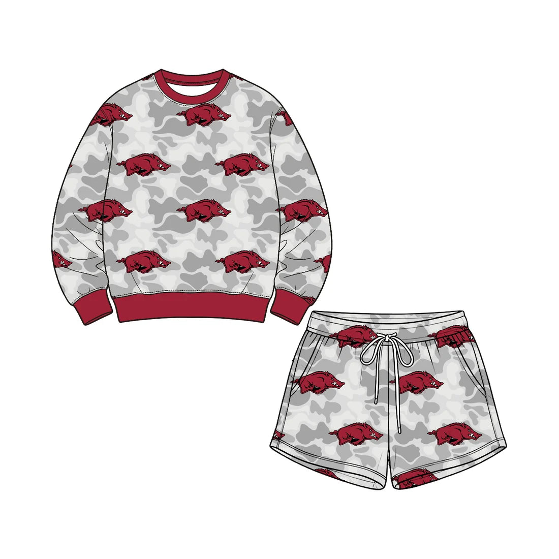Preorder( 5 MOQ) Baby Girls Sport Team Arkansas Camo Long Sleeve Top Shorts Outfit