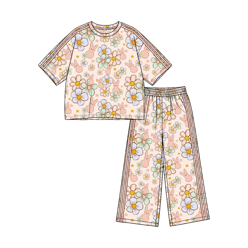 (Custom Design Preorder MOQ 5) Colorful Flowers Bunny Print Straight Pockets Pants Girls Easter Clothes Set