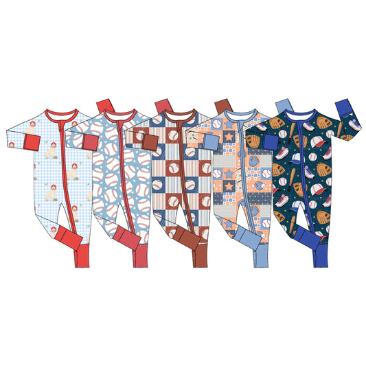 (Custom Design Preorder MOQ 5 ) Baseball Print Baby Fall Zipper Sleeper Romper Sibling Wear