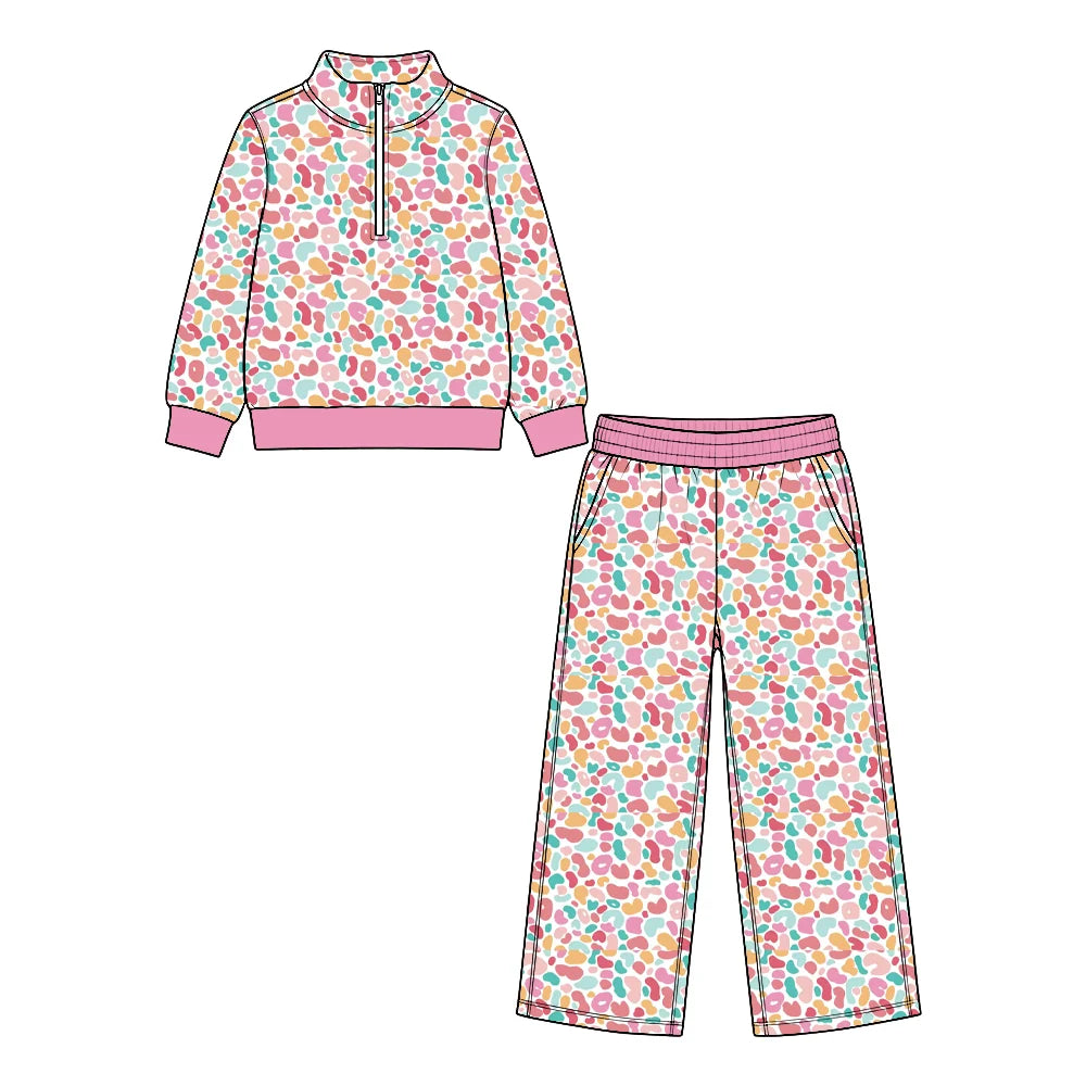 Preorder (MOQ 5 ) Kids Girls Colorful Leopard Pullover Top Long Sleeve Top Pants Sport Team Outfit