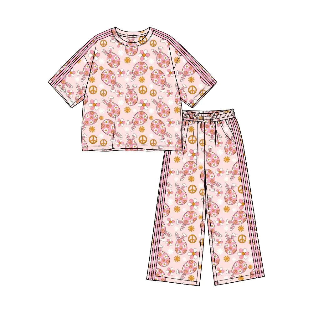 (Custom Design Preorder MOQ 5) Pink Flowers Eggs Print Straight Pockets Pants Girls Easter Clothes Set