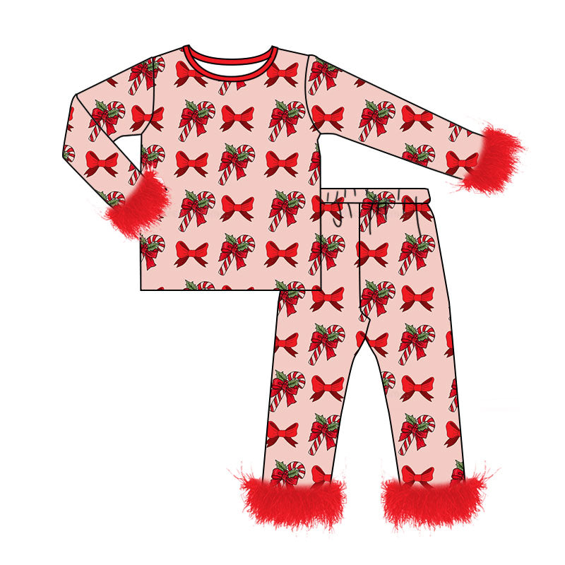 (Custom Design Preorder MOQ 5) Candy Cane Holly Bows Print Girls Christmas Fur Pajamas Clothes Set