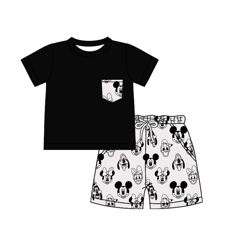 (Custom Design Preorder MOQ 5) Black Pocket Top Cartoon Mouse Shorts Baby Boys Summer Outfits