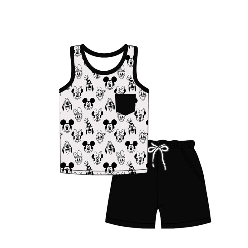 (Custom Design Preorder MOQ 5) Cartoon Mouse Vest Top Black Shorts Baby Boys Summer Outfits