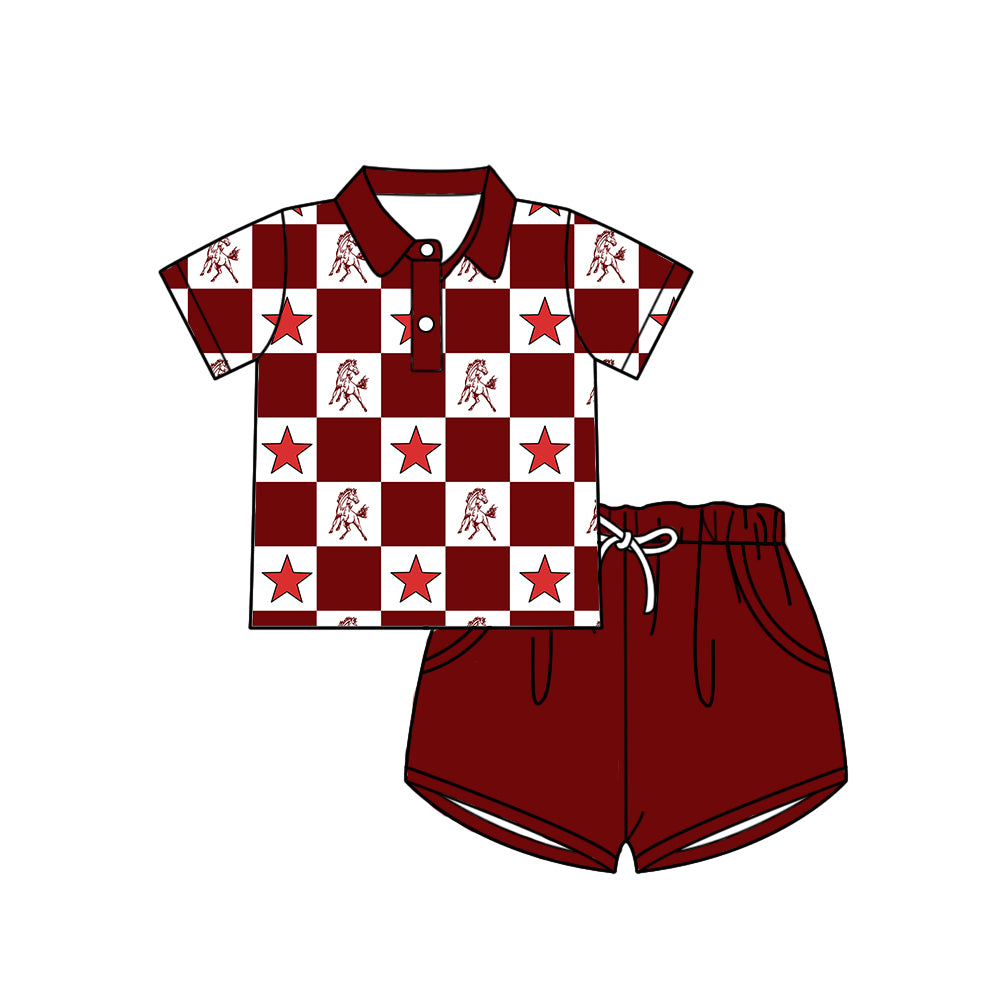 (Custom Design Preorder MOQ 5 Each Item) Teams Mustangs Bows Wine Plaid Print Kids Clothes Sibling & Family Matching Styles