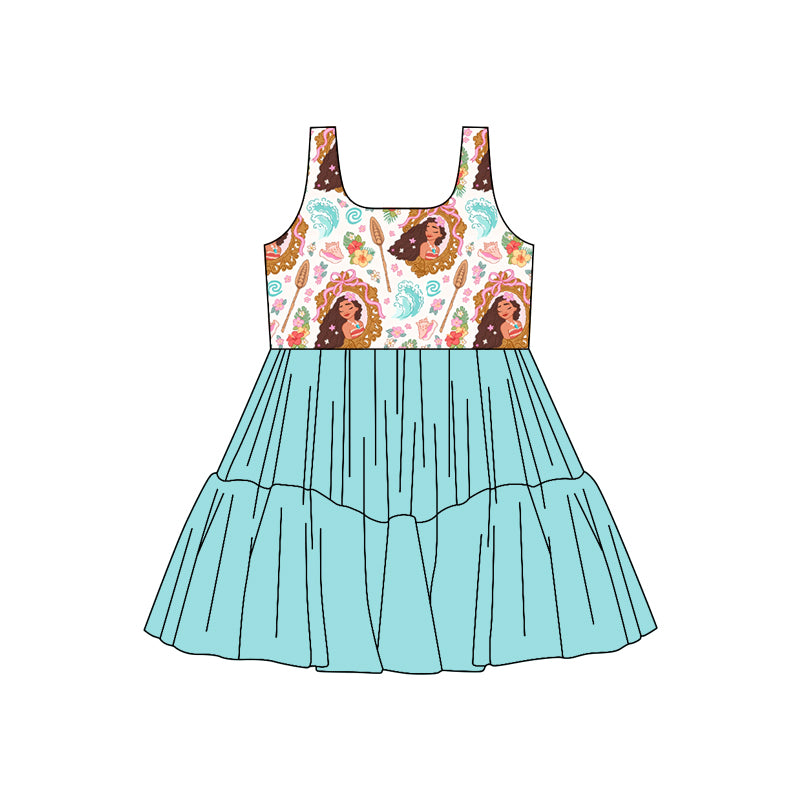 (Custom Design Preorder MOQ 5) Cartoon Princess Flowers Waves Girls Sleeveless Tulle Dress