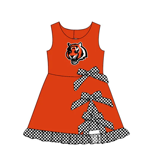 (Custom Preorder MOQ 5) Baby Girls Sleeveless Tiger Short Bows Ruffle Team Knee Length Dresses