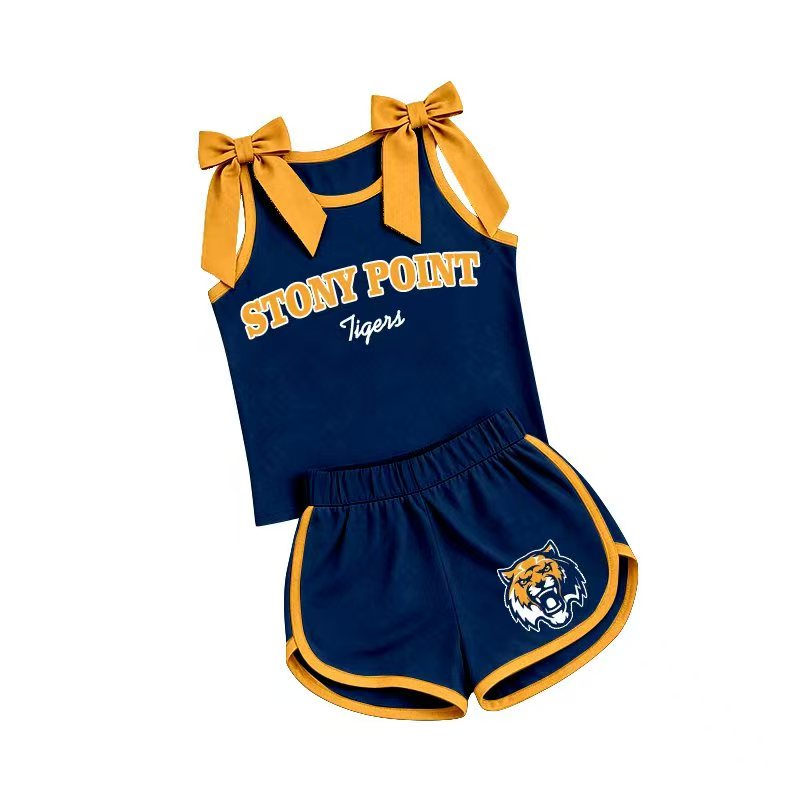(Custom Design Preorder MOQ 5) Girls Christopher Bow Strap Tank & Navy Shorts Sport Team Outfit