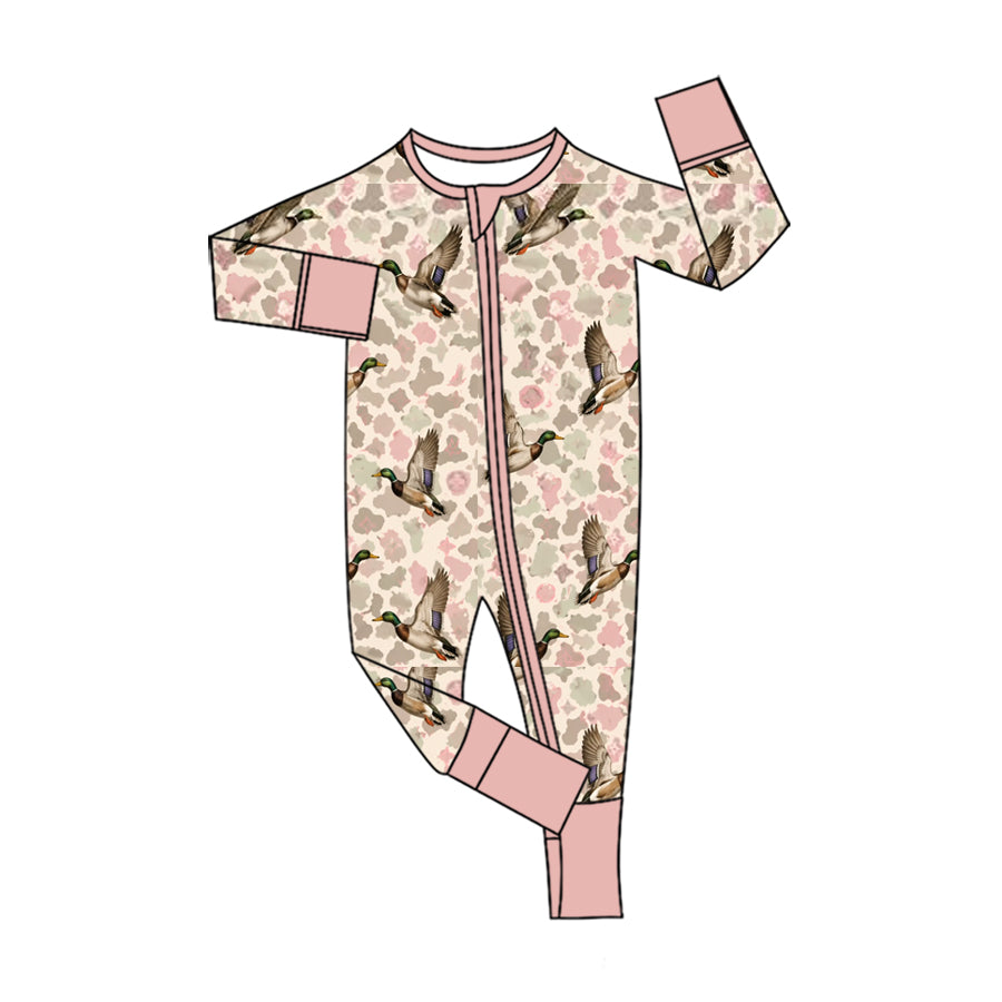 (Custom Design Preorder MOQ 5 ) Mallard Duck Print Baby Fall Zipper Sleeper Romper Sibling Wear