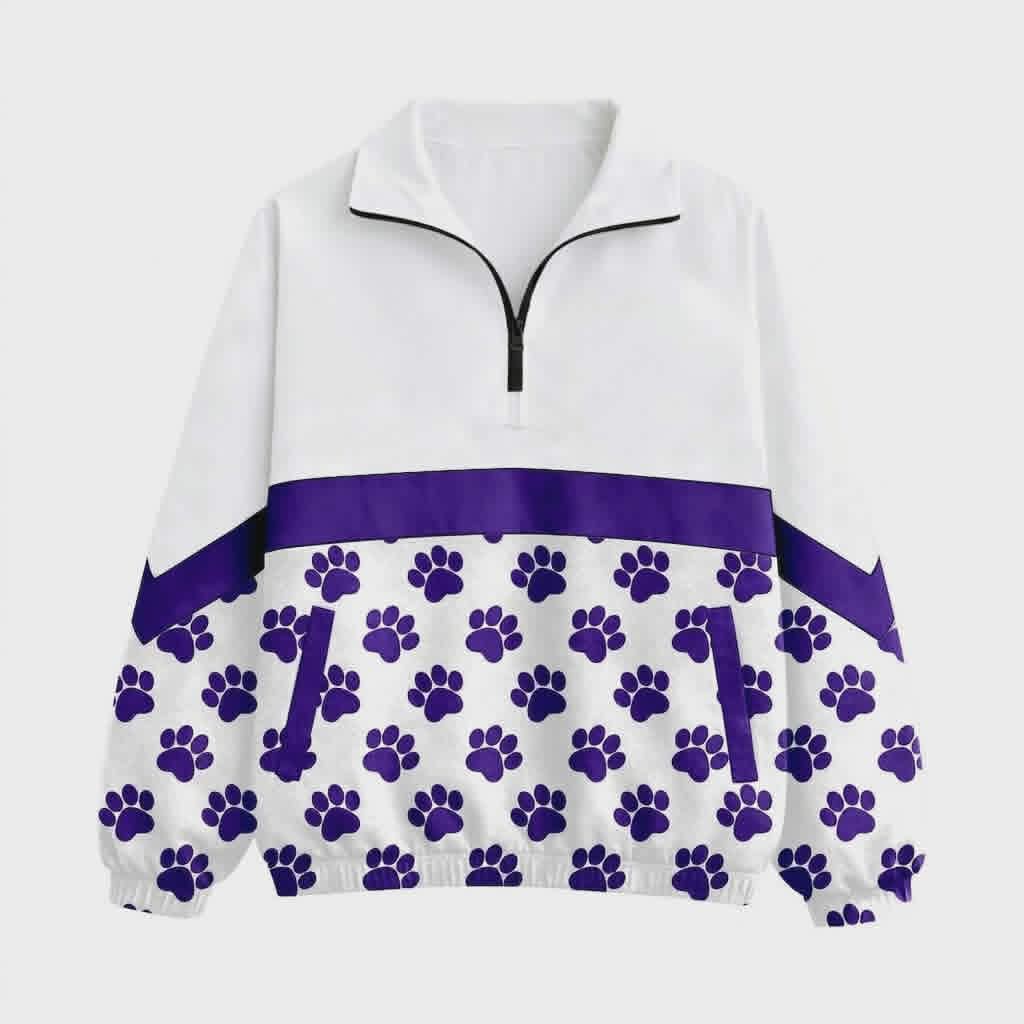 (Custom Design Preorder MOQ 5) Wildcats Purple Paw Print Girls & Women Sports Team Long Sleeve Zipper Pullover Top