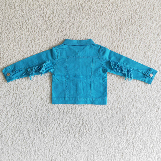 6 A32-29 Blue Tassel Denim Jackets Girls Fall Button Up Jeans Coat