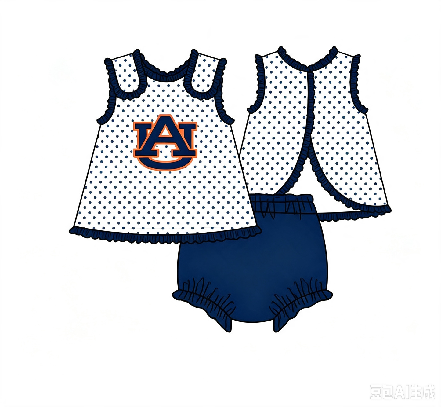 (Custom Design Preorder MOQ 5) Kids Girls Teams Auburn Navy Polka Dot Sleeveless Tunic Bummie Set