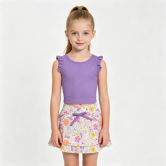 Toddler Active Outfit Purple Tank Top with Floral Skort Yoga Set