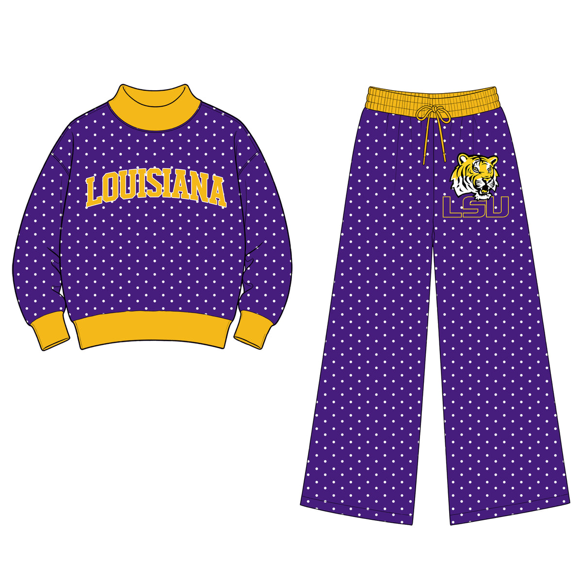 (Custom Design Preorder MOQ 5 Each) Teams Louisiana Polka Dots Mock Necks Top LSU Logo Pockets Pants Girls & Woman Clothes Set