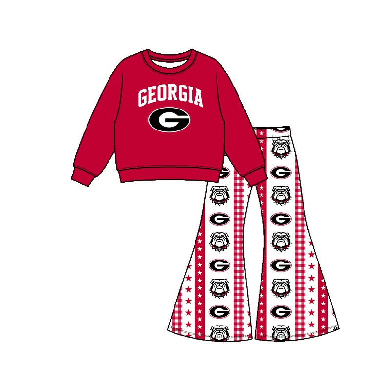Preorder( 5 MOQ) Baby Girls Sport Team Georgia Long Sleeve Top Bell Bottom Pants Outfit