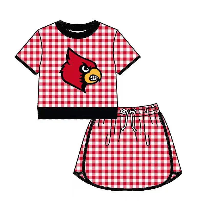 (Custom Preorder MOQ 5) Baby Girls Red Checked Louisville Cardinals Shirt Top Skirt Short Team Sets