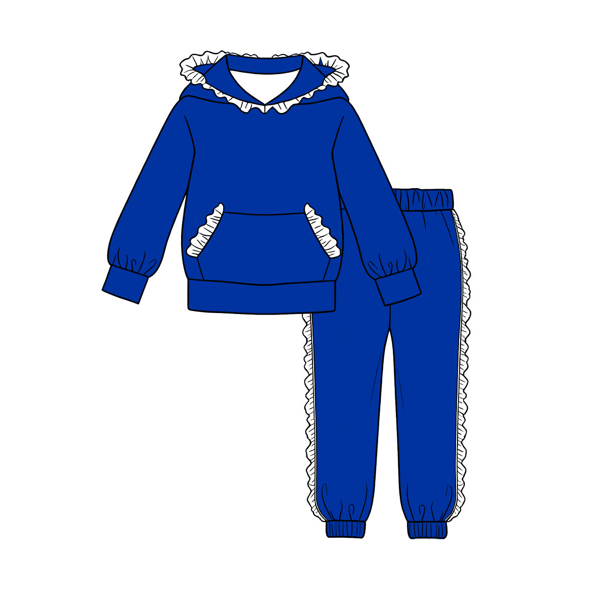 (Custom Design Preorder MOQ 5 Each)Teams Blank Cotton Long Sleeve Hoodie Top Pants Girls Ruffles Clothes Set Sisters Wear