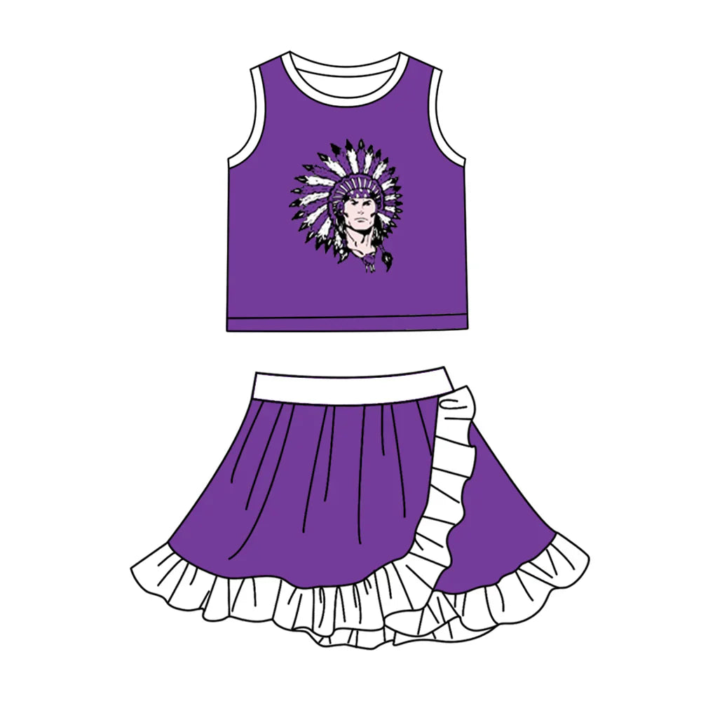 (Custom Preorder MOQ 5) Baby Girls Purple Vikings Vest Top Ruffle Skirt Short Team Clothes Sets