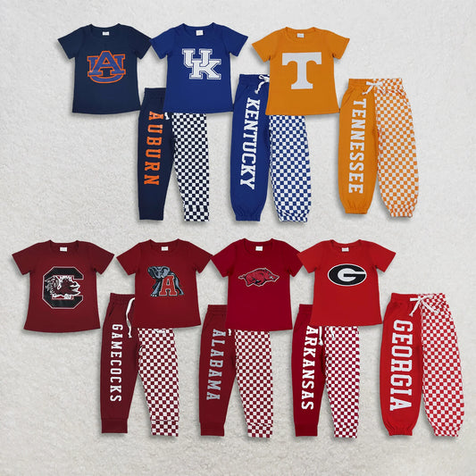 Sibling Kids Boys Cotton Short Sleeve Checked Jogger Pants Vinyl Sport Team Outfit